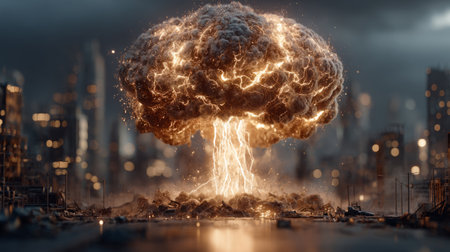 explosions erupt in city, with fiery clouds, glowing embers. Generative AIの素材