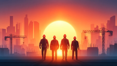 Silhouettes of construction workers against a glowing sunrise, cranes and scaffolding in the background, inspirational tone. Generative AIの素材