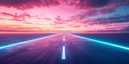 Minimalist wide-angle view of a long runway, glowing white lines stretching into a pastel sky. Generativeの素材