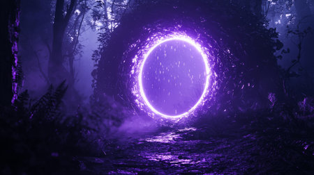 Minimalist portals with light trails, deep purple and charcoal, futuristic mystery. Generative AIの素材