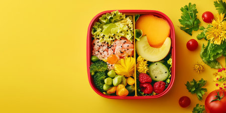 Top-view of a colorful bento lunchbox filled with fresh vegetables, lean proteins, and fruits, yellow backdrop. Generative AIの素材