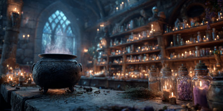 Witchs lair background with bubbling cauldron, potion shelves, and glowing magical runes. Generative AIの素材