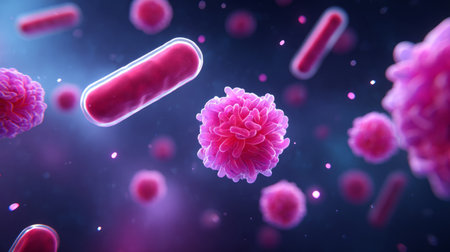 pink organic cells or microorganisms suspended in a fluid, showing biological structures and filaments. Generative AIの素材