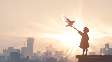 child releases a dove from a rooftop, and rays of peace extend to the city's horizon. Generative AIの素材