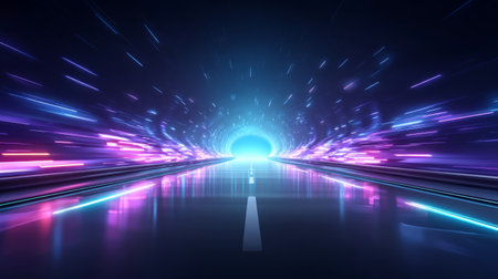 Glitchy futuristic tunnel made of data particles and neon light trails. Generative AIの素材