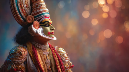 Traditional Kathakali dancer in full makeup and costume performing during Onam festivities. Generative AIの素材