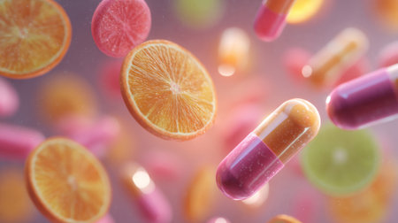 Fruity Vitamin Capsules with Citrus. Generative AIの素材