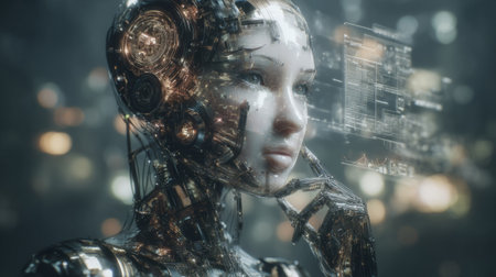 humanoid AI robot with translucent skin and visible circuits interacting with floating data interfaces. Generative AIの素材