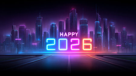 Futuristic city skyline backdrop with bright neon Happy 2026. Generative AIの素材