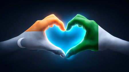Hands painted with Indian and Pakistani flags forming a heart together. Generative AIの素材