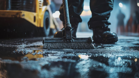 A close-up of a road being swept, showing efforts to keep the city clean. Generative AIの素材