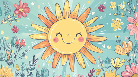 cartoon style with smiling sun, flowers and bright rainbow colors, fun design. Generative AIの素材