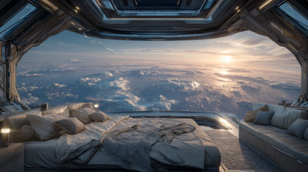 futuristic space hotel room with Earth visible through panoramic window. Generative AIの素材