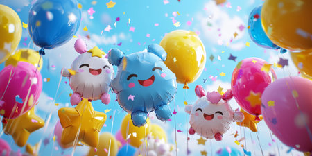 parade of balloons in the shape of stars and animals, smiling clouds. Generative AIの素材