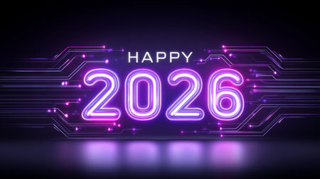bright purple neon 'Happy 2026' transparent circuit lines. Generative AIの素材