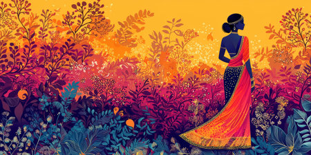 The woman stands gracefully in a vibrant sari with the backdrop featuring abstract and nature-inspired Madhubani designs. Generative AIの素材
