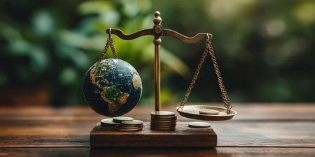 A set of scales balancing the Earth on one side and coins or financial reports on the other, showing the balance between sustainability and profitability under ESG principles. Generative AIの素材