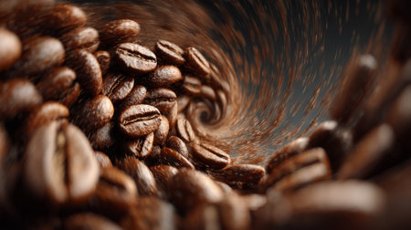 Floating roasted beans in a vortex spiral. Generative AIの素材