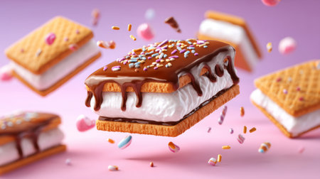 Colorful ice cream sandwiches with toppings and sprinkles. Generative AIの素材