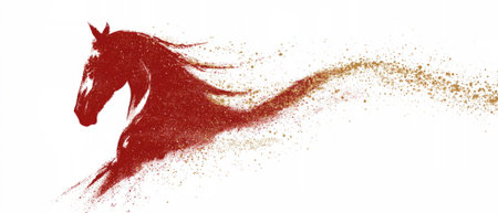 Small red fire horse dashes forward, leaving a golden spark trailâfestive artwork for 2026 zodiac greetings and New Year designs.の素材