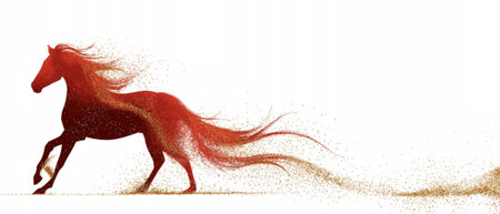Small red fire horse dashes forward, leaving a golden spark trailâfestive artwork for 2026 zodiac greetings and New Year designs.の素材