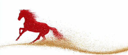 Small red fire horse dashes forward, leaving a golden spark trailâfestive artwork for 2026 zodiac greetings and New Year designs.の素材
