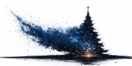 Midnight blue Christmas tree glows with galaxy-like lights and silver ornaments, star topper, isolated on whiteâmodern celestial holiday decor aesthetic.の素材