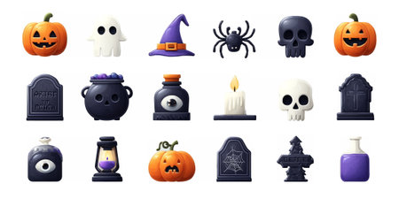 Four collections of Halloween-themed matte icons including pumpkins, skulls, ghosts, spiders, cauldrons, candles, tombstones, potions, and webs.の素材