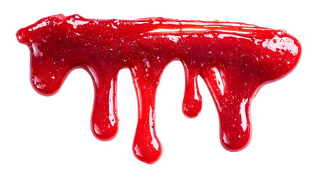 red liquid dripping in elongated streaks, resembling paint, syrup, or sauce, isolated on a white background.の素材