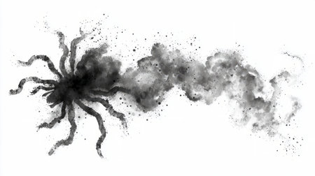 Large black spider with sharp legs, its body and limbs emerging from curling smoky wisps, creating a dark and eerie appearance.の素材