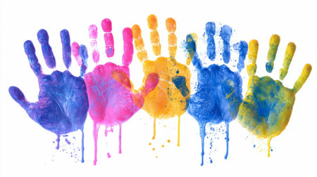 Five overlapping painted handprints in blue, yellow, and red, arranged in a row with splatter details and dripping paint.の素材