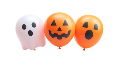 Set of festive orange balloons decorated with Halloween designs including jack-o'-lantern faces, ghost, and bat, perfect for party decoration.の素材