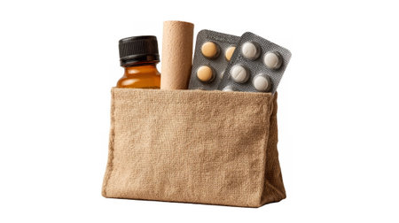 Brown paper bag filled with medicine bottles and blister packs of pills, representing healthcare, treatment, or pharmacy supplies.の素材