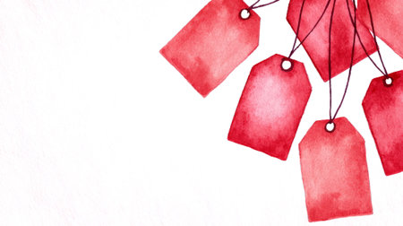 Multiple bright red sale tags hanging in a row with strings, ready for pricing, promotions, or retail display designs.の素材