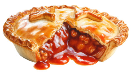 Classic Australian meat pie with a golden flaky crust, partially bitten to reveal the savory filling, with bright tomato sauce generously overflowing from the side, isolated on white background.の素材