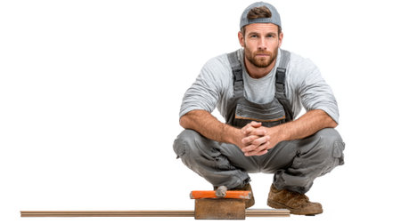 Professional flooring installer using a tapping block and pull bar to fit wood planks together for a precise, secure finish.の素材