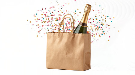 Celebration-themed paper bag with confetti print containing a champagne bottle, set against a light background with scattered confetti.の素材