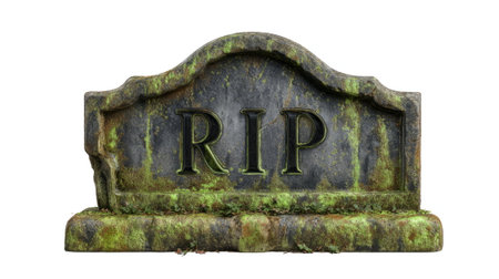 Weathered stone tombstone with RIP carved into its surface, covered in moss, symbolizing death, remembrance, and Halloween decoration.の素材