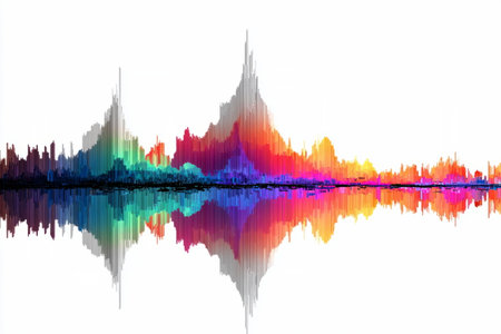 multicolored soundwave spectrum resembling city skyscrapers, reflecting below, symbolizing music, energy, or technology.の素材
