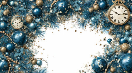 Festive border of teal pine branches decorated with colorful baubles, golden stars, and berries, perfect for Christmas or New Year cards.の素材