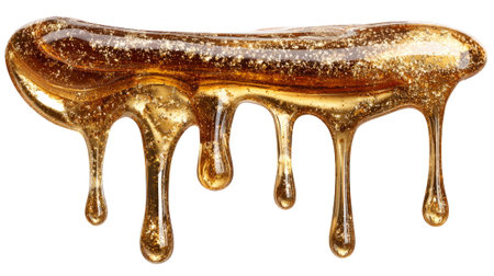 Thick golden honey-like liquid with sparkling glitter dripping smoothly, isolated on white background, symbolizing luxury, sweetness, and richness.の素材