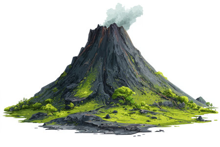 Tall volcanic mountain with dark rocky peak and light smoke rising, covered in green vegetation along its slopes, against a white background.の素材