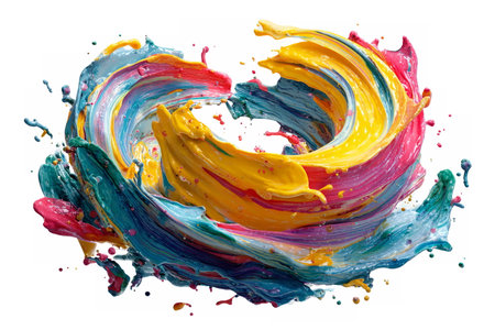 Dynamic swirl of blue, yellow, and red paint with glitter particles, captured in motion to create an artistic abstract composition.の素材