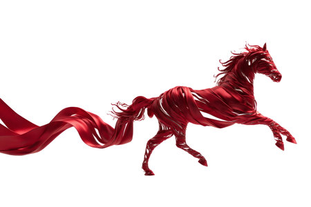 Satin red ribbon swirls into a galloping horse silhouette with flame-tipped accentsâsleek minimal graphic for branding, packaging, posters, and celebrations.の素材