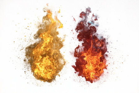 Two symmetrical fire plumes on white, swirling flames with sparks and embersâdynamic phoenix wing effect for posters, backgrounds, and fantasy designs.の素材