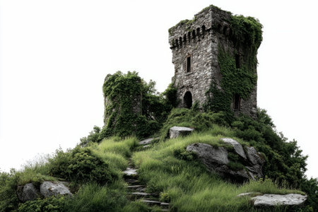 Ancient stone tower covered in ivy, standing atop a rocky hill with a winding grassy path, evoking medieval and fantasy themes.の素材