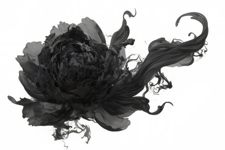 Dense inky black cloud expanding outward in a blooming motion, with subtle swirling turbulence creating depth and atmospheric tension.の素材