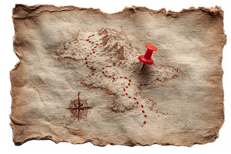 Tattered parchment treasure map with dotted red trail, mountains, and compass rose, marked by a red pushpinâadventure, navigation, exploration.の素材