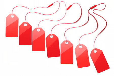 Multiple bright red sale tags hanging in a row with strings, ready for pricing, promotions, or retail display designs.の素材