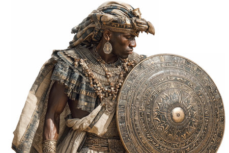 Ancient Egyptian temple guard wearing linen kilt and striped headcloth, armed with a bronze khopesh sword and round shield for defense.の素材